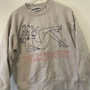 PLAYBOY Cream Sweatshirt with Pink Logo and Black Outline Graphic